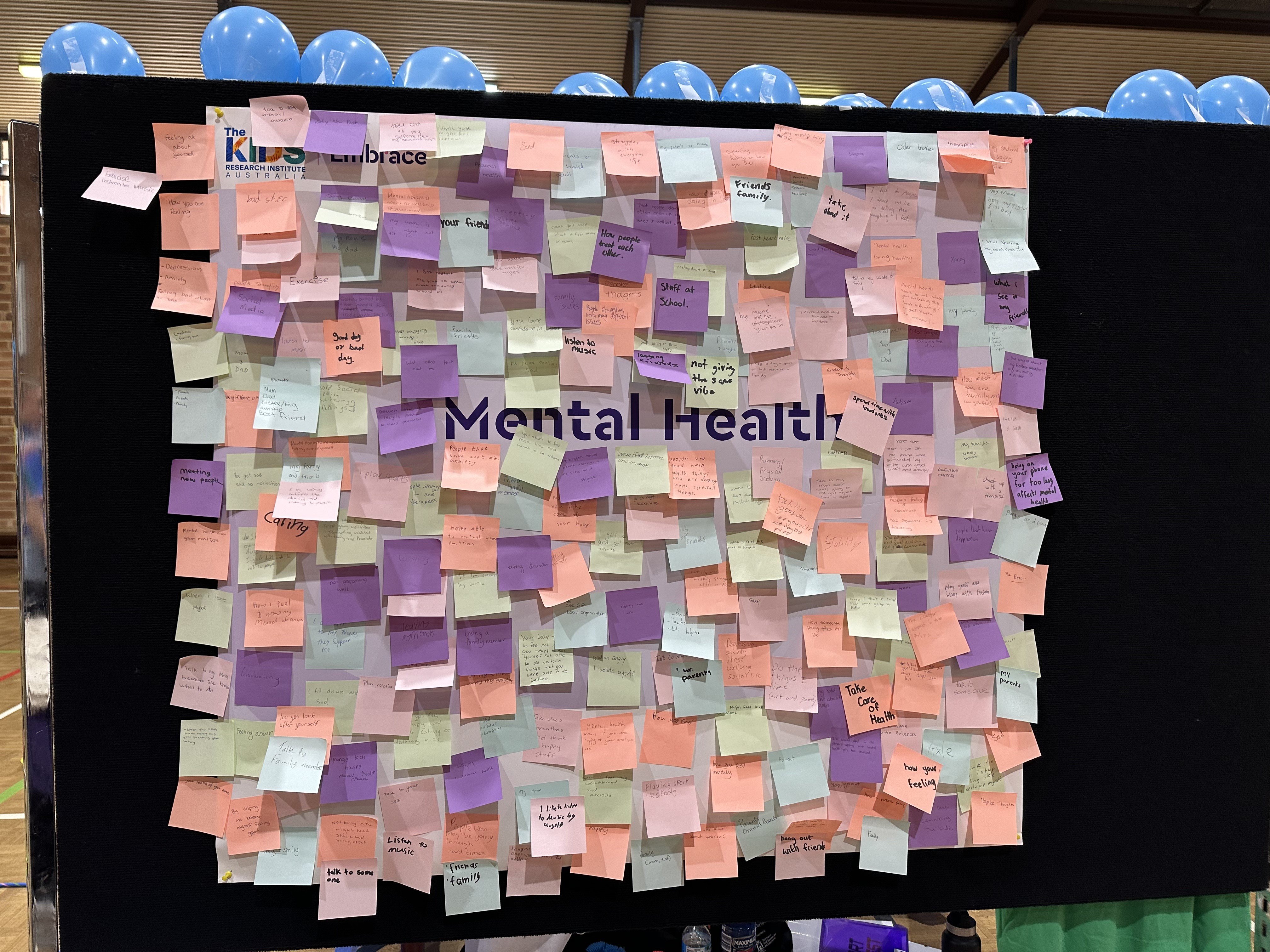 Young people responded to questions about mental health with sticky notes displayed on a mental health poster